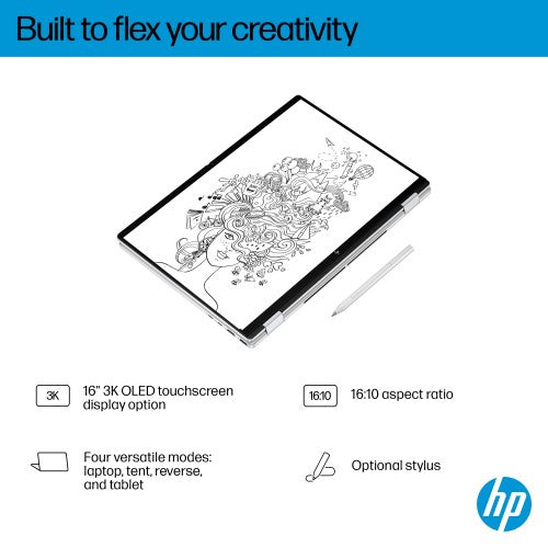 HP OmniBook X FlipNGAI 16-as0008na Copilot+ PC Intel Core Ultra 7 256V Hybrid (2-in-1) 40.6 cm (16") Touchscreen 2K 16 GB LPDDR5x-SDRAM 1 TB SSD Wi-Fi 7 (802.11be) Windows 11 Home Silver