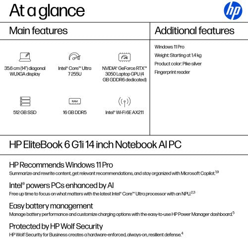 AD4W8ET#ABU | HP EliteBook 6 G1i AI Intel Core Ultra 7 255U Laptop 35.6 cm (14") WUXGA 16 GB DDR5-SDRAM 512 GB SSD Wi-Fi 6E (802.11ax) Windows 11 Pro AI PC Silver