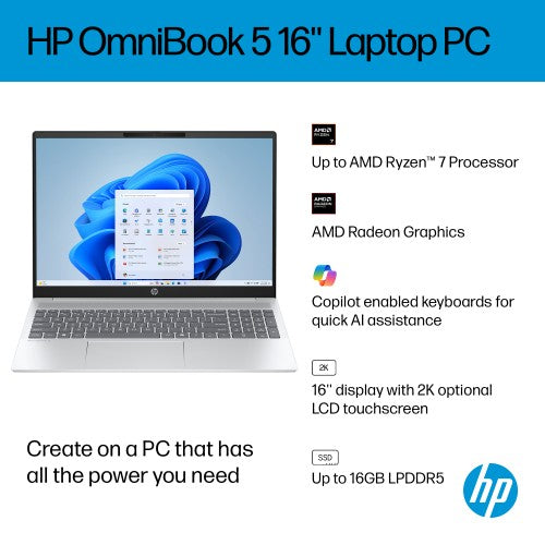 HP OmniBook 5 Laptop 16-bc1007nax AMD Ryzen™ 7 8840U 40.6 cm (16") 2K 16 GB LPDDR5-SDRAM 1 TB SSD Wi-Fi 6 (802.11ax) Windows 11 Home AI PC Silver