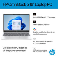 HP OmniBook 5 Laptop 16-bc1005nax AMD Ryzen™ 5 8540U 40.6 cm (16") 2K 16 GB LPDDR5-SDRAM 512 GB SSD Wi-Fi 6 (802.11ax) Windows 11 Home Silver