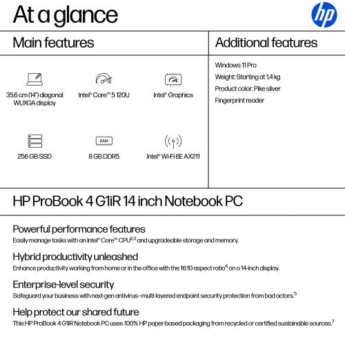 B3AC6AT#ABU | HP ProBook 4 G1iR Intel Core 5 120U Laptop 35.6 cm (14") WUXGA 8 GB DDR5-SDRAM 256 GB SSD Wi-Fi 6E (802.11ax) Windows 11 Pro Silver