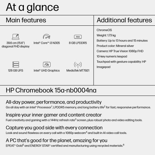 8Y5D1EA#ABU | HP Chromebook 15a-nb0004na Intel® Core™ i3 i3-N305 39.6 cm (15.6") Full HD 8 GB LPDDR5-SDRAM 256 GB Flash Wi-Fi 6 (802.11ax) ChromeOS Silver