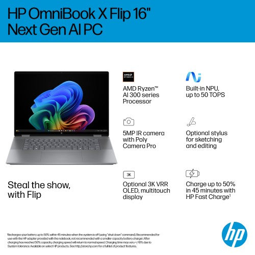 HP OmniBook X Flip 16-ar0007na Copilot+ PC AMD Ryzen™ AI 7 350 Hybrid (2-in-1) 40.6 cm (16") Touchscreen 3K 16 GB LPDDR5x-SDRAM 1 TB SSD Wi-Fi 7 (802.11be) Windows 11 Home Silver