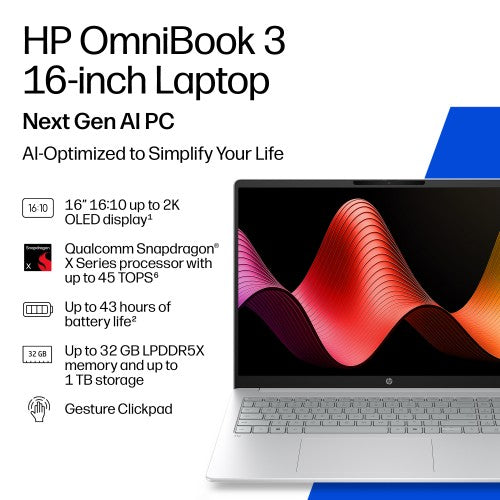 D82QGEA#ABU | HP OmniBook 3 Laptop Next Gen AI 16-bz0010nax Copilot+ PC Snapdragon X1-26-100 40.6 cm (16") 2K 16 GB LPDDR5x-SDRAM 512 GB SSD Wi-Fi 6E (802.11ax) Windows 11 Home Grey, Silver