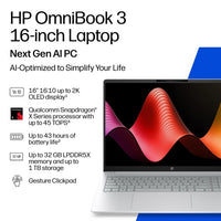 HP OmniBook 3 Laptop Next Gen AI 16-bz0010nax Copilot+ PC Snapdragon X1-26-100 40.6 cm (16") 2K 16 GB LPDDR5x-SDRAM 512 GB SSD Wi-Fi 6E (802.11ax) Windows 11 Home Grey, Silver