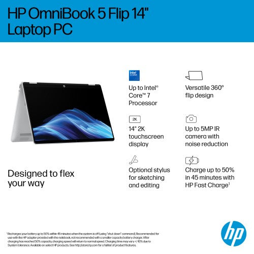 HP OmniBook 5 Flip 2-in-1 Laptop 14-fp0003nax Intel® Core™ i7 i7-1355U 35.6 cm (14") Touchscreen 2K 16 GB LPDDR5-SDRAM 512 GB SSD Wi-Fi 6 (802.11ax) Windows 11 Home Silver