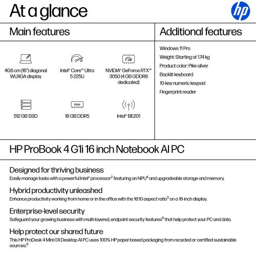 HP ProBook 4 G1i AI PC Intel Core Ultra 5 225U Laptop 40.6 cm (16") WUXGA 16 GB DDR5-SDRAM 512 GB SSD Wi-Fi 7 (802.11be) Windows 11 Pro Silver