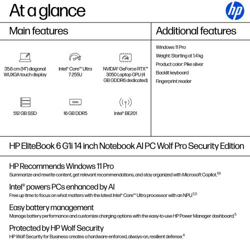 A27CLEA#ABU | HP EliteBook 6 G1i AI Wolf Pro Security Edition Intel Core Ultra 7 255U Laptop 35.6 cm (14") Touchscreen WUXGA 16 GB DDR5-SDRAM 512 GB SSD Wi-Fi 7 (802.11be) Windows 11 Pro AI PC Silver