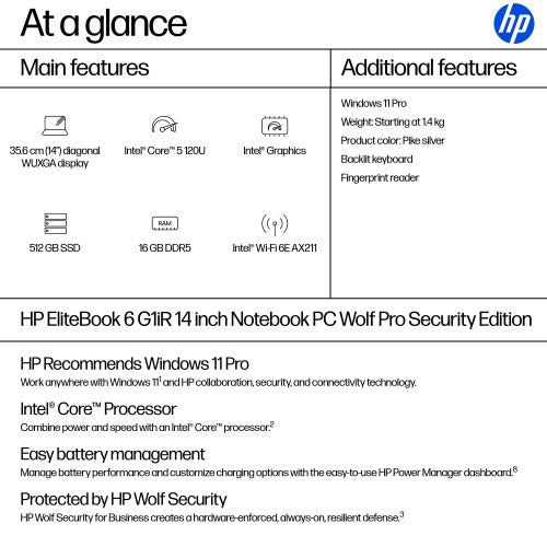 9M4H7AT#ABU | HP EliteBook 6 G1iR Wolf Pro Security Edition Intel Core 5 120U Laptop 35.6 cm (14") WUXGA 16 GB DDR5-SDRAM 512 GB SSD Wi-Fi 6E (802.11ax) Windows 11 Pro Silver