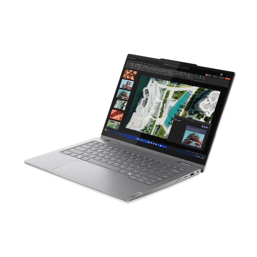 Lenovo ThinkBook 14 2-in-1 laptop in grey with touchscreen displaying map and photos.