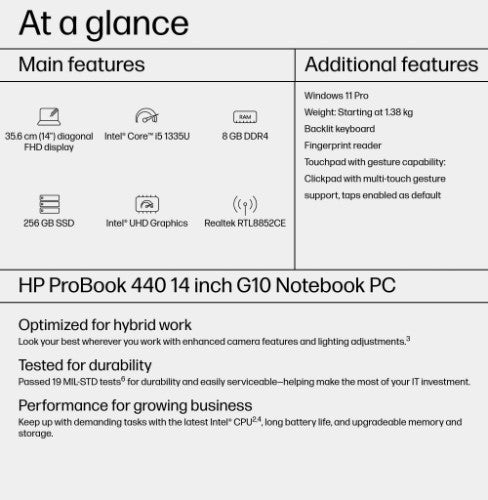 967V3ET#ABU | HP ProBook 440 G10 Intel® Core™ i5 i5-1335U Laptop 35.6 cm (14") Full HD 8 GB DDR4-SDRAM 256 GB SSD Wi-Fi 6E (802.11ax) Windows 11 Pro Silver