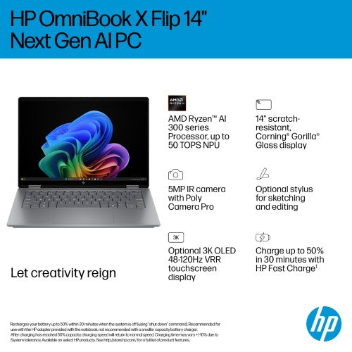 HP OmniBook X Flip Next Gen AI 14-fk0010na Copilot+ PC AMD Ryzen™ AI 7 350 Hybrid (2-in-1) 35.6 cm (14") Touchscreen 2K 32 GB LPDDR5x-SDRAM 1 TB SSD Wi-Fi 6E (802.11ax) Windows 11 Home Silver