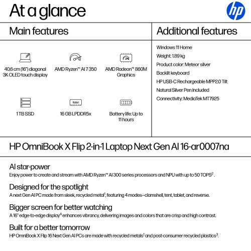 BH3F6EA#ABU | HP OmniBook X Flip 16-ar0007na Copilot+ PC AMD Ryzen™ AI 7 350 Hybrid (2-in-1) 40.6 cm (16") Touchscreen 3K 16 GB LPDDR5x-SDRAM 1 TB SSD Wi-Fi 7 (802.11be) Windows 11 Home Silver