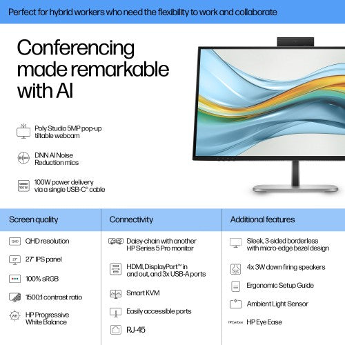 9E0Y9UT#ABU | HP Series 5 Pro 27 inch QHD USB-C Conferencing Monitor - 527pm