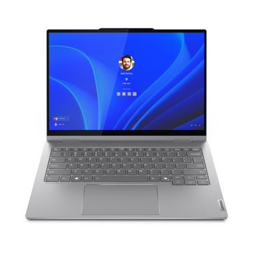 Lenovo ThinkBook 14-inch 2-in-1 laptop in grey with touchscreen, thin bezels, and compact keyboard.