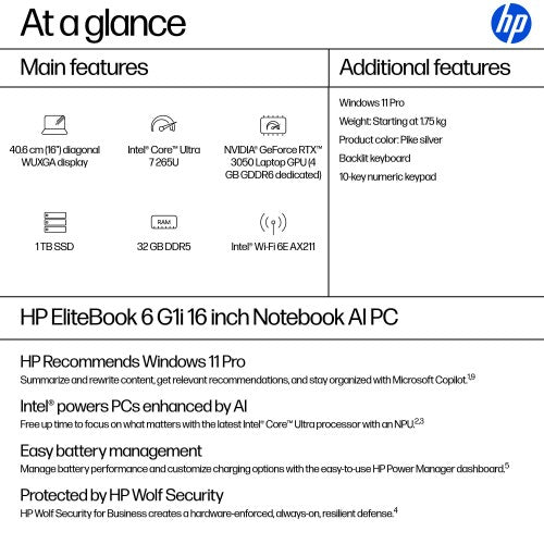 HP EliteBook 6 G1i Intel Core Ultra 7 265U Laptop 40.6 cm (16") WUXGA 32 GB DDR5-SDRAM 1 TB SSD Wi-Fi 6E (802.11ax) Windows 11 Pro AI PC Silver