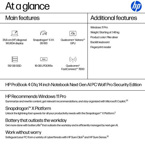 HP ProBook 4 G1q Next Gen AI PC Wolf Pro Security Edition Copilot+ PC Snapdragon X1-26-100 Laptop 35.6 cm (14") WUXGA 16 GB LPDDR5x-SDRAM 512 GB SSD Wi-Fi 7 (802.11be) Windows 11 Pro Silver