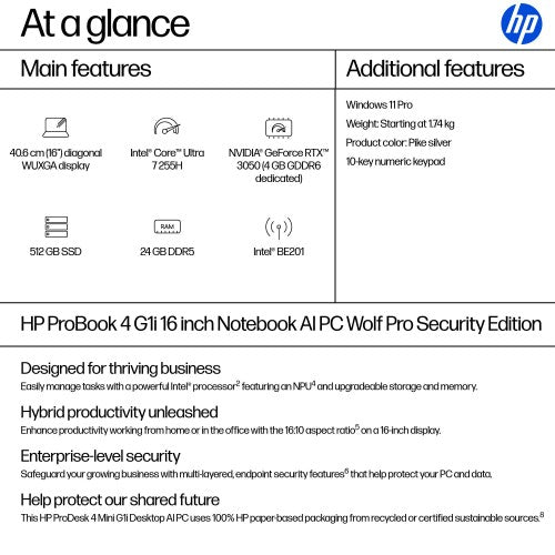 A23P4EA#ABU | HP ProBook 4 G1i AI Wolf Pro Security Edition Intel Core Ultra 7 255H Laptop 40.6 cm (16") WUXGA 24 GB DDR5-SDRAM 512 GB SSD Wi-Fi 7 (802.11be) Windows 11 Pro AI PC Silver