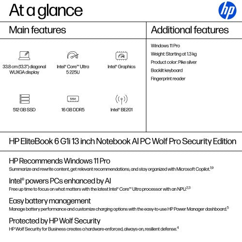 A26X7EA#ABU | HP EliteBook 6 G1i 13 inch Notebook AI PC Wolf Pro Security Edition Intel Core Ultra 5 225U Laptop 33.8 cm (13.3") Touchscreen WUXGA 16 GB DDR5-SDRAM 512 GB SSD Wi-Fi 7 (802.11be) Windows 11 Pro Silver