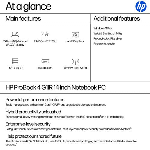 B3AC5AT#ABU | HP ProBook 4 G1iR Intel Core 5 120U Laptop 35.6 cm (14") WUXGA 16 GB DDR5-SDRAM 256 GB SSD Wi-Fi 6E (802.11ax) Windows 11 Pro Silver