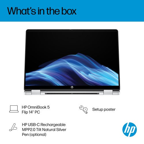 D77FKEA#ABU | HP OmniBook 5 Flip 2-in-1 Laptop 14-fp0000nax Intel® Core™ i3 i3-1315U 35.6 cm (14") Touchscreen 2K 8 GB LPDDR5-SDRAM 512 GB SSD Wi-Fi 6 (802.11ax) Windows 11 Home Silver