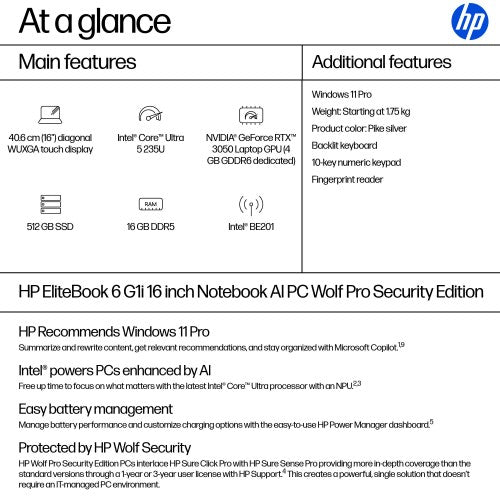 A26X4EA#ABU | HP EliteBook 6 G1i 16 inch Notebook AI PC Wolf Pro Security Edition Intel Core Ultra 5 235U Laptop 40.6 cm (16") Touchscreen WUXGA 16 GB DDR5-SDRAM 512 GB SSD Wi-Fi 7 (802.11be) Windows 11 Pro Silver