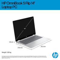 HP OmniBook 5 Flip 2-in-1 Laptop 14-fp0003nax Intel® Core™ i7 i7-1355U 35.6 cm (14") Touchscreen 2K 16 GB LPDDR5-SDRAM Wi-Fi 6 (802.11ax) Windows 11 Home Silver