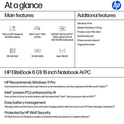 HP EliteBook 6 G1i Intel Core Ultra 5 225U Laptop 40.6 cm (16") WUXGA 16 GB DDR5-SDRAM 512 GB SSD Wi-Fi 7 (802.11be) Windows 11 Pro AI PC Silver