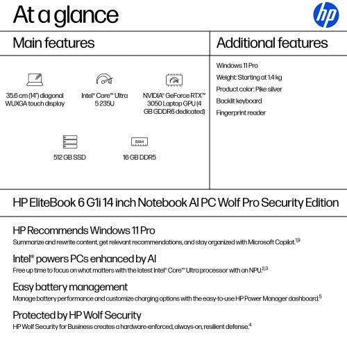 A26X6EA#ABU | HP EliteBook 6 G1i 14 inch Notebook AI PC Wolf Pro Security Edition Intel Core Ultra 5 235U Laptop 35.6 cm (14") Touchscreen WUXGA 16 GB DDR5-SDRAM 512 GB SSD Windows 11 Pro Silver