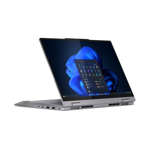 Gray Lenovo ThinkBook 14 2-in-1 laptop in tent mode with touchscreen displaying Windows 11 desktop.