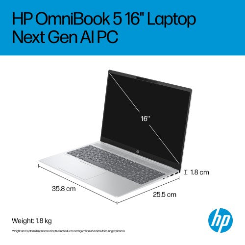 BG3K7EA#ABU | HP OmniBook 5 NGAI 16-ag1001na Copilot+ PC AMD Ryzen™ AI 5 340 Laptop 40.6 cm (16") 2K 16 GB LPDDR5x-SDRAM 512 GB SSD Wi-Fi 6 (802.11ax) Windows 11 Home Silver