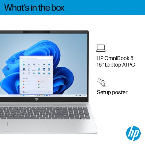 HP OmniBook 5 LaptopAI 16-af1004na Intel Core Ultra 7 255U Laptop 40.6 cm (16") 2K 16 GB LPDDR5x-SDRAM 1 TB SSD Wi-Fi 6 (802.11ax) Windows 11 Home AI PC Silver