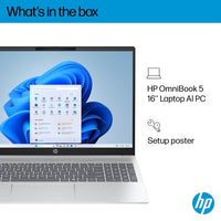 HP OmniBook 5 LaptopAI 16-af1004na Intel Core Ultra 7 255U Laptop 40.6 cm (16") 2K 16 GB LPDDR5x-SDRAM 1 TB SSD Wi-Fi 6 (802.11ax) Windows 11 Home AI PC Silver