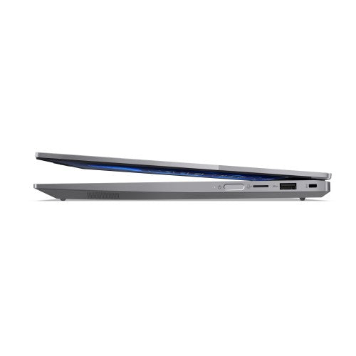 Slim grey Lenovo ThinkBook 14 2-in-1 laptop partially open showing side ports and hinge design.
