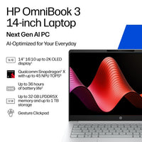 HP OmniBook 3 Laptop Next Gen AI 14-hz0001nax Copilot+ PC Snapdragon X1-26-100 35.6 cm (14") 2K 16 GB LPDDR5x-SDRAM 256 GB SSD Wi-Fi 6E (802.11ax) Windows 11 Home Silver