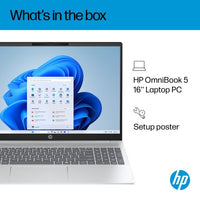 HP OmniBook 5 16-ba1005na Intel® Core™ i3 i3-1315U Laptop 40.6 cm (16") 2K 8 GB LPDDR5-SDRAM 512 GB SSD Wi-Fi 6 (802.11ax) Windows 11 Home Silver