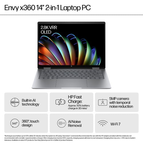 A2RZ8EA#ABU | HP Elite x360 Envy x360 14-fa0004na AMD Ryzen™ 5 8640HS Hybrid (2-in-1) 35.6 cm (14") Touchscreen 2K 16 GB LPDDR5-SDRAM 512 GB SSD Wi-Fi 6E (802.11ax) Windows 11 Home AI PC Silver