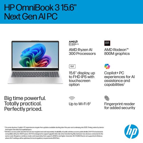 HP OmniBook 3 NGAI OmniBook 3 Next Gen AI 15-fn0003na Copilot+ PC AMD Ryzen™ AI 5 330 Laptop 39.6 cm (15.6") Full HD 16 GB DDR5-SDRAM 512 GB SSD Wi-Fi 6 (802.11ax) Windows 11 Home Silver