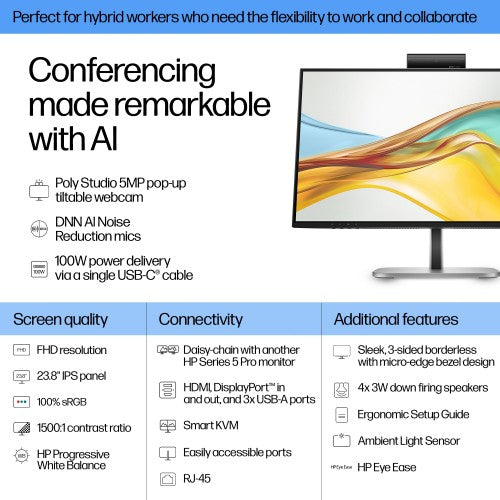 9E0G9UT#ABB | HP Series 5 Pro 23.8 inch FHD USB-C Conferencing Monitor - 524pm