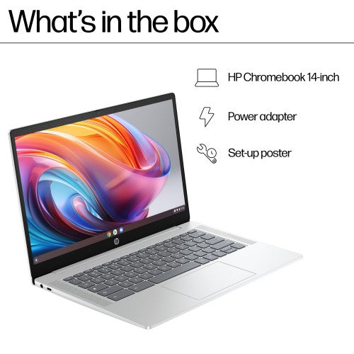 A20JBEA#ABU | HP Chromebook 14a-nf0002na Intel® N N100 35.6 cm (14") HD 4 GB LPDDR5-SDRAM 128 GB eUFS Wi-Fi 6E (802.11ax) ChromeOS Silver