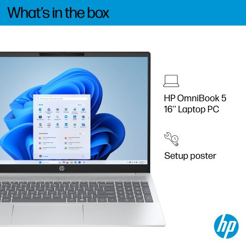 HP OmniBook 5 16-ba1005na Intel® Core™ i3 i3-1315U Laptop 40.6 cm (16") 2K 8 GB LPDDR5-SDRAM 512 GB SSD Wi-Fi 6 (802.11ax) Windows 11 Home Silver