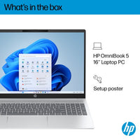 HP OmniBook 5 16-ba1005na Intel® Core™ i3 i3-1315U Laptop 40.6 cm (16") 2K 8 GB LPDDR5-SDRAM 512 GB SSD Wi-Fi 6 (802.11ax) Windows 11 Home Silver
