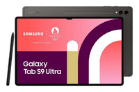 Samsung Galaxy Tab S9 Ultra graphite tablet with stylus, 14.6-inch display, slim bezels, dual rear cameras.