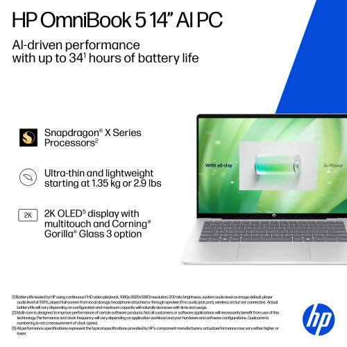 C0BS9EA#ABU | HP OmniBook 5 NGAI OmniBook 5 Next Gen AI 14-he0001na Copilot+ PC Snapdragon X1-26-100 Laptop 35.6 cm (14") 2K 16 GB LPDDR5x-SDRAM 512 GB SSD Wi-Fi 6E (802.11ax) Windows 11 Home Silver