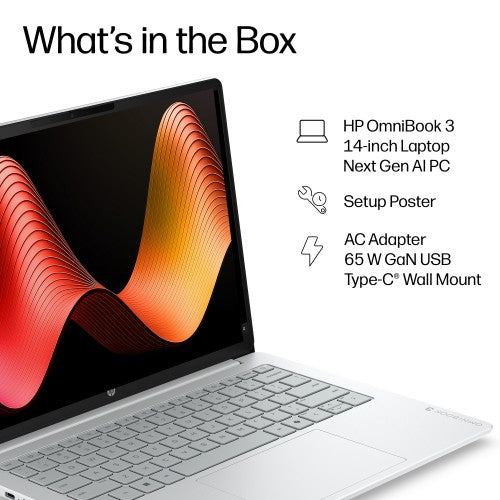 HP OmniBook 3 Laptop Next Gen AI 14-hz0001nax Copilot+ PC Snapdragon X1-26-100 35.6 cm (14") 2K 16 GB LPDDR5x-SDRAM 256 GB SSD Wi-Fi 6E (802.11ax) Windows 11 Home Silver
