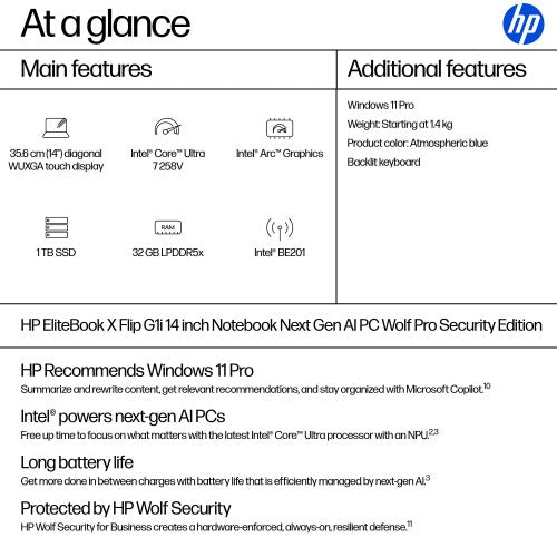 B68SQEA#ABU | HP EliteBook X Flip G1i Next Gen AI PC Wolf Pro Security Edition Copilot+ PC Intel Core Ultra 7 258V Hybrid (2-in-1) 35.6 cm (14") Touchscreen WUXGA 32 GB LPDDR5x-SDRAM 1 TB SSD Wi-Fi 7 (802.11be) Windows 11 Pro Blue
