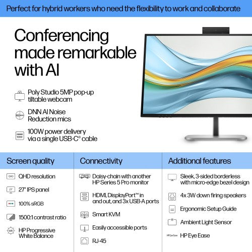 9E0Y9UT#ABB | HP Series 5 Pro 27 inch QHD USB-C Conferencing Monitor - 527pm