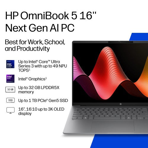 DC1G8EA#ABU | HP OmniBook 5 Laptop Next Gen AI 16-bm0000nax Copilot+ PC Intel Core Ultra 7 40.6 cm (16") 2K 16 GB LPDDR5x-SDRAM 512 GB SSD Wi-Fi 6 (802.11ax) Windows 11 Home Silver