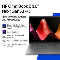 HP OmniBook 5 Laptop Next Gen AI 16-bm0000nax Copilot+ PC Intel Core Ultra 7 40.6 cm (16") 2K 16 GB LPDDR5x-SDRAM 512 GB SSD Wi-Fi 6 (802.11ax) Windows 11 Home Silver