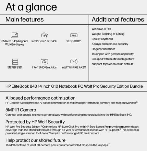 96X31ET#UUZ | HP EliteBook 840 G10 Intel® Core™ i5 i5-1345U Laptop 35.6 cm (14") WUXGA 16 GB DDR5-SDRAM 512 GB SSD Wi-Fi 6E (802.11ax) Windows 11 Pro Silver